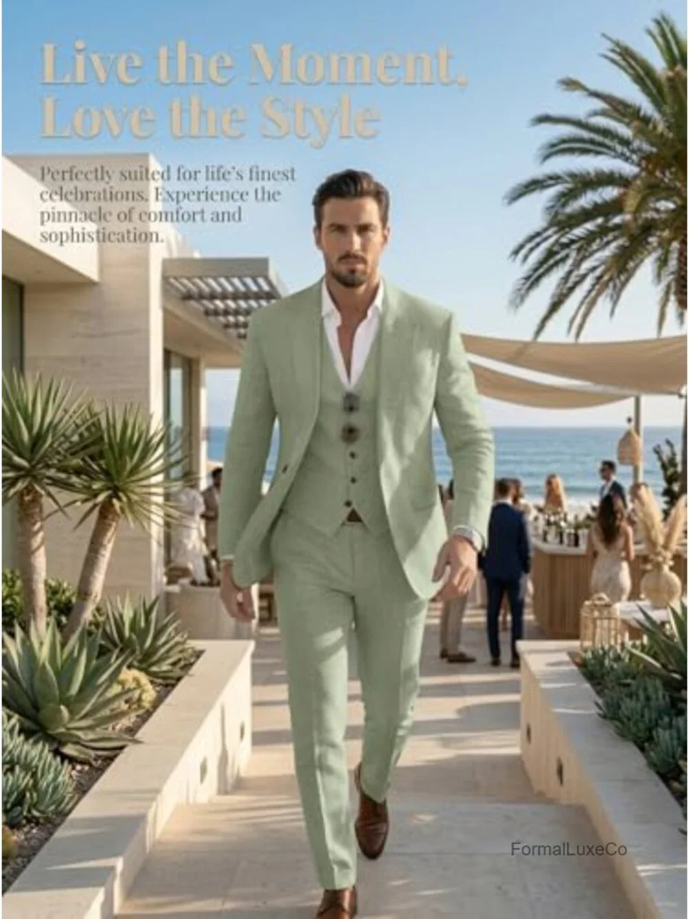 Men's 3 Piece Linen Suit Slim Fit Notch Lapel Blazer Vest Pants Set Wedding